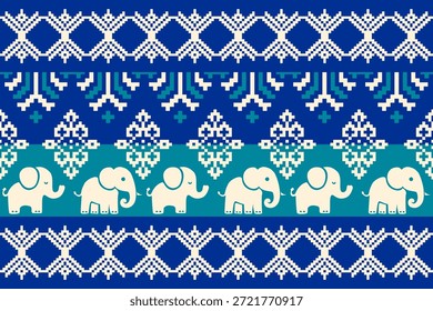 Nahtloses ethnisches Elefantenmuster, inspiriert von traditioneller asiatischer Textilkunst, geometrische Pixelmotive in blauen Tönen, dekoratives Zierdesign, geeignet für Stoff, Tapete, Hintergrund, Vektorgrafik und Illustration.