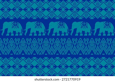 Patrón de elefante étnico sin fisuras inspirado en el arte textil tradicional asiático, motivos geométricos de píxeles en tonos azules, diseño ornamental decorativo adecuado para uso de tela, Fondo de pantalla, fondo, Vector e ilustración.
