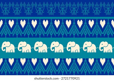 Seamless ethnic elephant pattern inspired by traditional Asian textile art, geometric pixel motifs in blue tones, decorative ornamental design suitable for fabric, wallpaper, background, vector and illustration use.