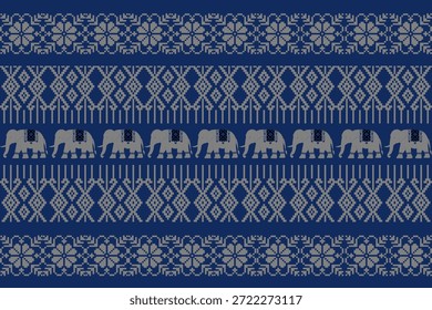 Seamless ethnic elephant pattern inspired by traditional Asian woven textiles, geometric ornamental borders in blue and gray tones, ideal for fabric, wallpaper, background, vector and illustration designs.