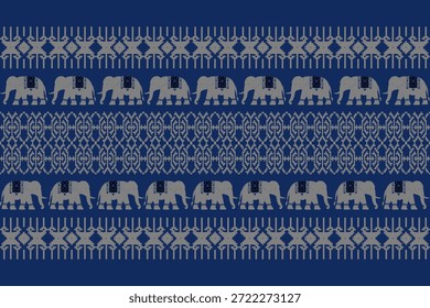 Padrão de elefante étnico sem costura inspirado em tecidos tradicionais asiáticos, bordas geométricas ornamentais em tons azuis e cinzas, ideal para desenhos de tecido, papel de parede, fundo, vetor e ilustração.
