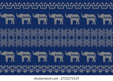 Patrón de elefante étnico sin fisuras inspirado en los textiles tejidos asiáticos tradicionales, bordes ornamentales geométricos en tonos azules y grises, ideal para diseños de telas, Fondos de pantalla, fondos, Vectores e ilustraciones.