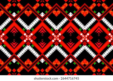 A seamless ethnic fabric pattern featuring striking chevron shapes and symmetrical motifs in vivid red, black, and white. Ideal for apparel prints, cultural designs, and decorative backgrounds.
