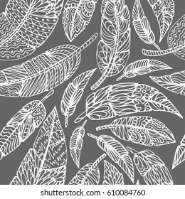 Seamless Ethnic feathers. Tribal Feathers Vintage Pattern. Hand Drawn Doodles. Vector illustration
