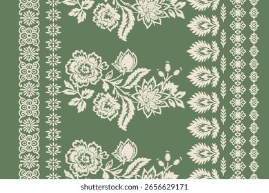 Patrón de borde floral étnico sin costuras con motivos de damasco y boho paisley, inspirado en el bordado africano indio, diseño de tela de Vector, estilo decorativo tradicional.