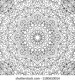 Seamless ethnic floral doodle black and white background pattern in vector. Henna paisley mandala mehndi tribal doodles design. Pattern for coloring by kids and adults.