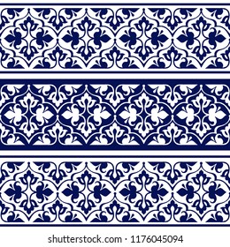 Seamless ethnic floral geometric border. Traditional oriental ornament. Indigo seamless ethnic floral pattern. Decorative ornament for fabric, textile, wrapping paper.