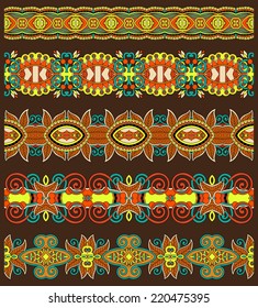 seamless ethnic floral paisley stripe pattern, border set, ukrainian tribal ornament for print or embroidery ribbon, or for the design of polygraphy or web