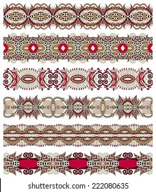 seamless ethnic floral paisley stripe pattern, border set, ukrainian tribal ornament for print or embroidery ribbon, or for the design of polygraphy or web, vector illustration