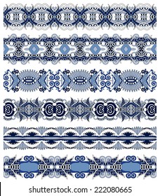 seamless ethnic floral paisley stripe pattern, border set, ukrainian tribal ornament for print or embroidery ribbon, or for the design of polygraphy or web, vector illustration