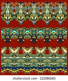 seamless ethnic floral paisley stripe pattern, border set, ukrainian tribal ornament for print or embroidery ribbon, or for the design of polygraphy or web, vector illustration