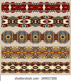 seamless ethnic floral paisley stripe pattern, border set, ukrainian tribal ornament for print or embroidery ribbon, or for the design in beige colour