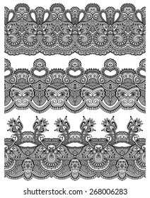 seamless ethnic floral paisley stripe pattern, border set, Ukrainian tribal ornament for print or embroidery ribbon, or for the design of polygraphy in black, vector illustration