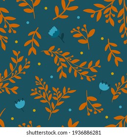 Seamless ethnic floral pattern. Blue herbs on dark background