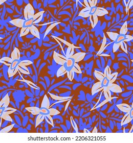 Nahtlose ethnische Blumenmuster. Mix aus kleinen und großen Blüten und Pflanzen in einfachen Skizzen flach. Boho Stil. Für Modedesign, Stoff, Textilien, Umhüllung, Web, Karte.