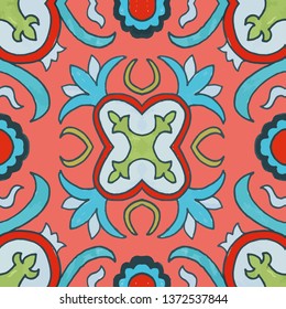 Seamless ethnic floral pattern. mixed color tile. living coral background