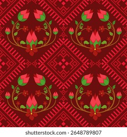 Seamless Ethnic Floral Pattern with Red and Green Folk Flowers and Geometric Diamond Motifs on Dark Red Background, Traditional Decorative Design for Fabric, Wallpaper, Crafts, and Digital Prints