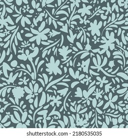 Nahtlose ethnische Blumenmuster. Silhouetten von kleinen Blütengänseblümchen, Wildblumen und Pflanzen in einfacher, flacher Form. Boho Stil. Für Modedesign, Stoff, Textilien, Umhüllung, Web, Karte.