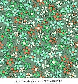 Nahtlose ethnische Blumenmuster. Kleine Blüten, Wildblumen und Pflanzen auf einfache Art und Weise skizzieren. Cartoon Boho Stil. Für Modedesign, Stoff, Textilien, Umhüllung, Web, Karte.