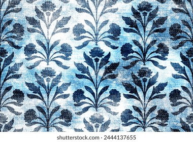 Seamless ethnic floral pattern with stamped distressed effect. abstract ethnic pattern in Indian style on indigo, denim background.