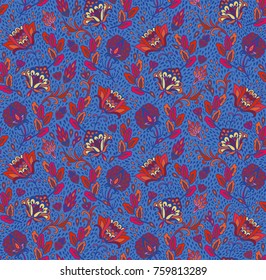 Seamless ethnic  floral vector pattern on blue background