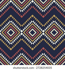 Padrão geométrico folclórico étnico contínuo com motivos de diamante e ritmos de ziguezague arrojados. Marinha e tons de terra quente inspirados por têxteis tradicionais. Adequado para tecidos, papel de parede e fundos decorativos.