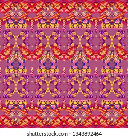 Seamless ethnic folklore indian pattern, print with ornament motives. For interior decor, womenswear, cover, cloth, textile, fabric, batic, silk, shawl, scarf. Crazy bright colors.