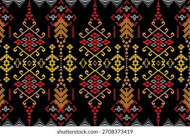 Patrón de punto de cruz geométrico étnico sin costuras en negro, rojo y oro. Diseño de bordado tribal para textil.