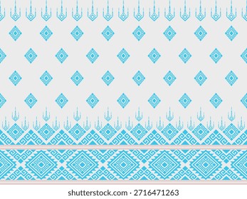 Patrón geométrico étnico inconsútil de la tela, diseño tradicional de la materia textil tribal tailandesa y de Hmong, Vector azul y blanco del bordado del ornamento para el Fondo de pantalla de la moda, del sarong, y de la decoración casera.