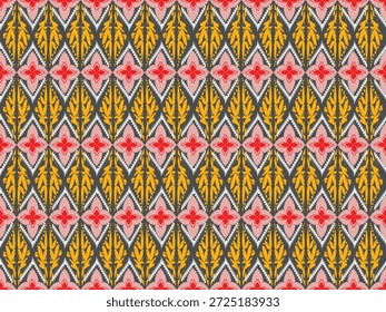 Padrão de tecido geométrico étnico contínuo com folhas repetitivas e motivos florais em tons amarelos, vermelhos, pretos e brancos. Inspirado na arte tradicional têxtil e popular 