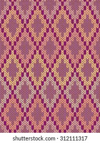 Seamless Ethnic Geometric Knitted Pattern. Style Purple Pink Orange Yellow Background