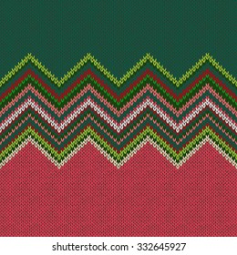Seamless ethnic geometric knitted pattern. Style green white red background