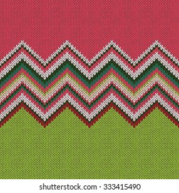 Seamless ethnic geometric knitted pattern. Style green white red background