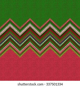 Seamless ethnic geometric knitted pattern. Style green white red background