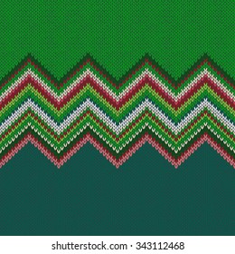 Seamless ethnic geometric knitted pattern. Style green white red background