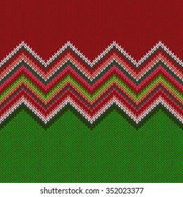 Seamless ethnic geometric knitted pattern. Style green white red background