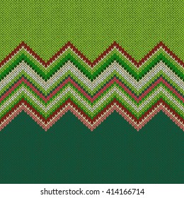 Seamless ethnic geometric knitted pattern. Style green white red background