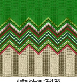 Seamless ethnic geometric knitted pattern. Style green beige pink white red background