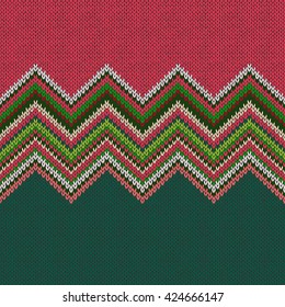 Seamless ethnic geometric knitted pattern. Style green white red background