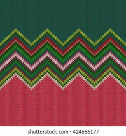 Seamless ethnic geometric knitted pattern. Style green white red background
