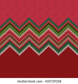 Seamless ethnic geometric knitted pattern. Style green white red background