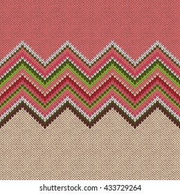 Seamless ethnic geometric knitted pattern. Style green beige pink white red background
