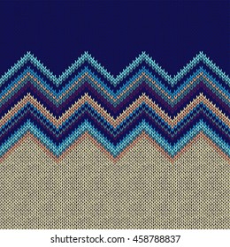Seamless Ethnic Geometric Knitted Pattern. Beige Yellow Blue Horizontal Seamless Background