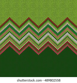 Seamless ethnic geometric knitted pattern. Style green white red background