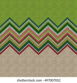 Seamless ethnic geometric knitted pattern. Style green white red background