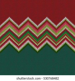 Seamless ethnic geometric knitted pattern. Style green white red background