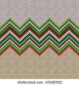Seamless ethnic geometric knitted pattern. Style green beige pink white red background