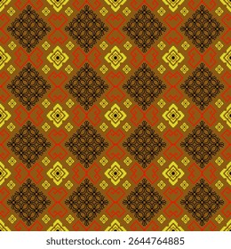 Seamless ethnic geometric pattern in black, red, and yellow tones with symmetrical diamond motifs and intricate border elements. The design blends traditional weaving aesthetics with a modern digital