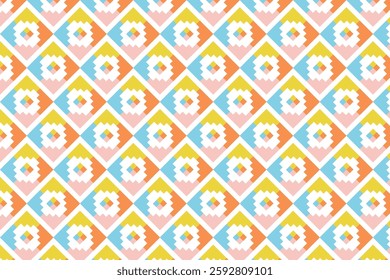 Seamless ethnic geometric pattern with colorful diamond shapes in yellow, orange, blue, and white. Perfect for textiles, wallpapers, packaging, and creative designs.