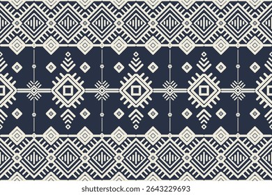 Seamless ethnic geometric  pattern in deep navy-indigo and ivory tones. Traditional yet modern appeal. Ideal for textile design, fabric prints, packaging, and decorative cultural-themed backgrounds.
